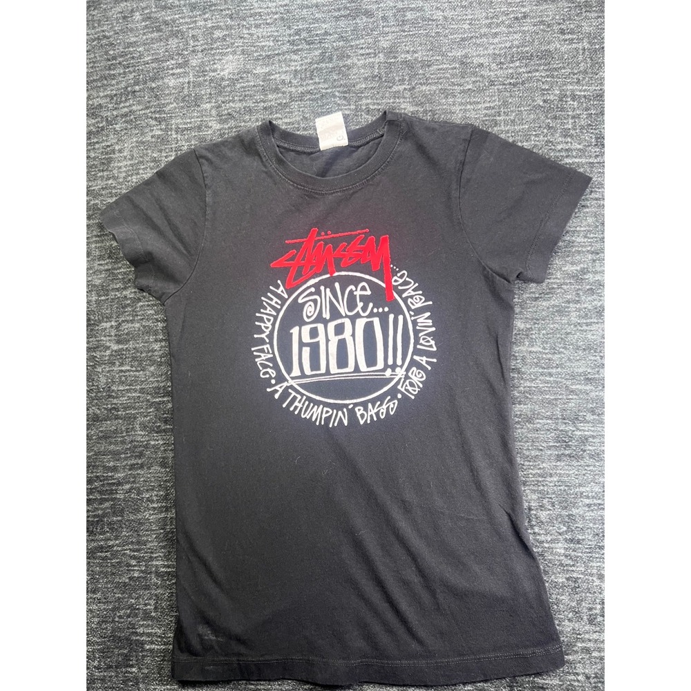 Stussy Girl Graphic Women Small Black Short Sleeve Tee Made in USA 1980s Style